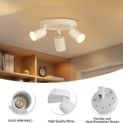 Ceiling light fixture with three bulbs in a room setting, showing close-up details of the light bulb and design.