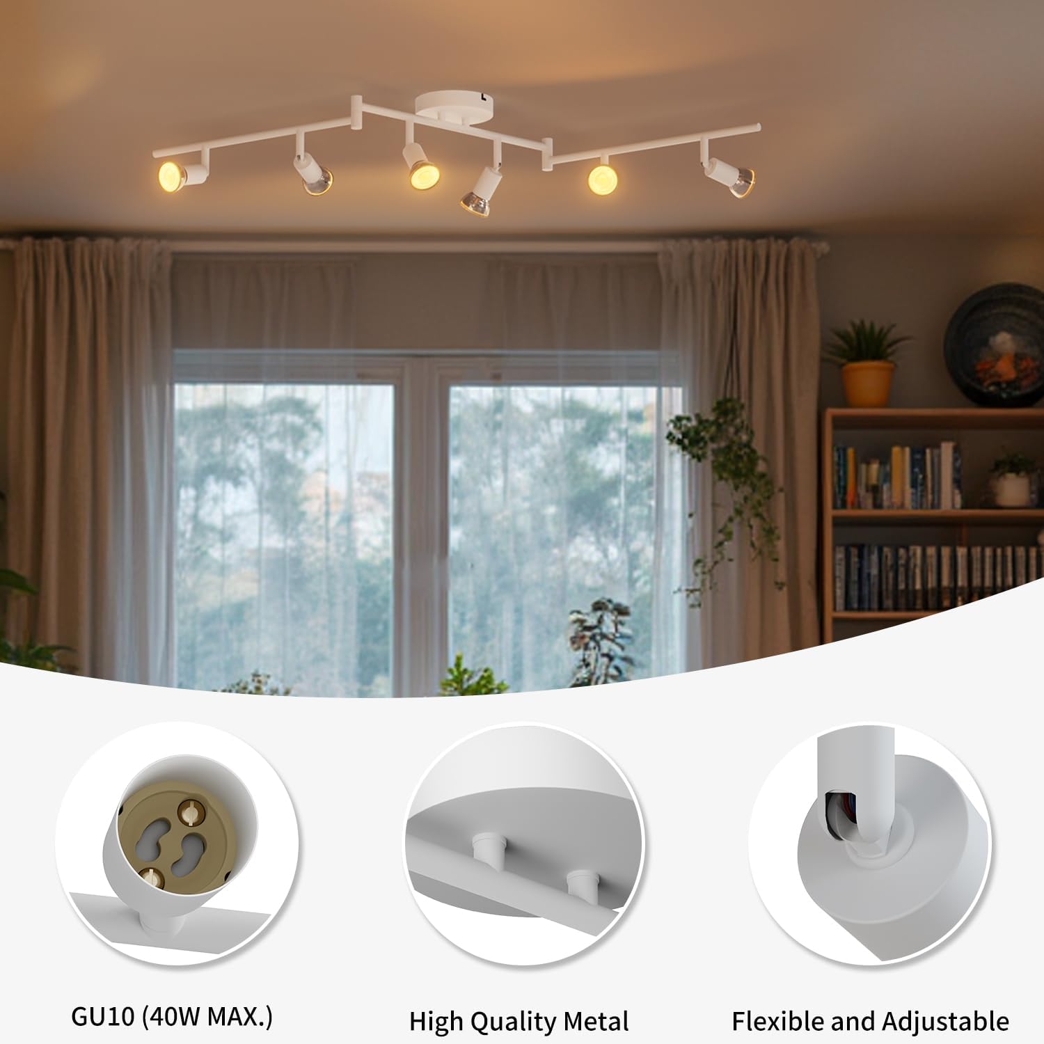 Ceiling light fixture with three lights in a room with curtains and a bookshelf.