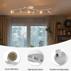 Ceiling light fixture with three lights in a room with curtains and a bookshelf.