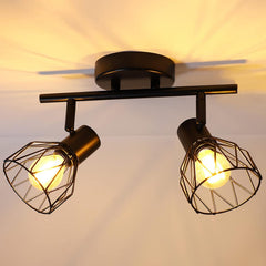 Ceiling light fixture with two illuminated bulbs on a neutral background