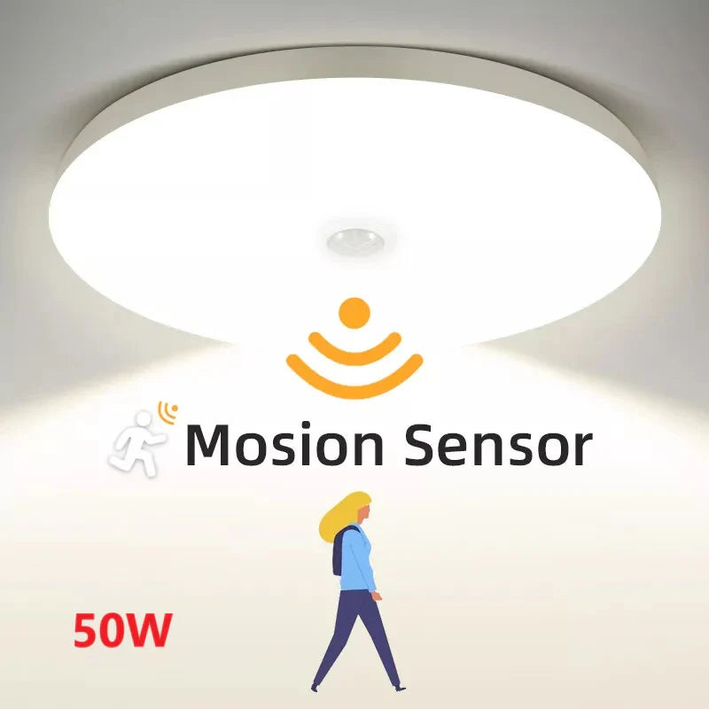 Ceiling light with Mosion Sensor logo and text indicating 50W power rating.