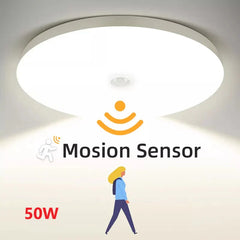 Ceiling light with Mosion Sensor logo and text indicating 50W power rating.