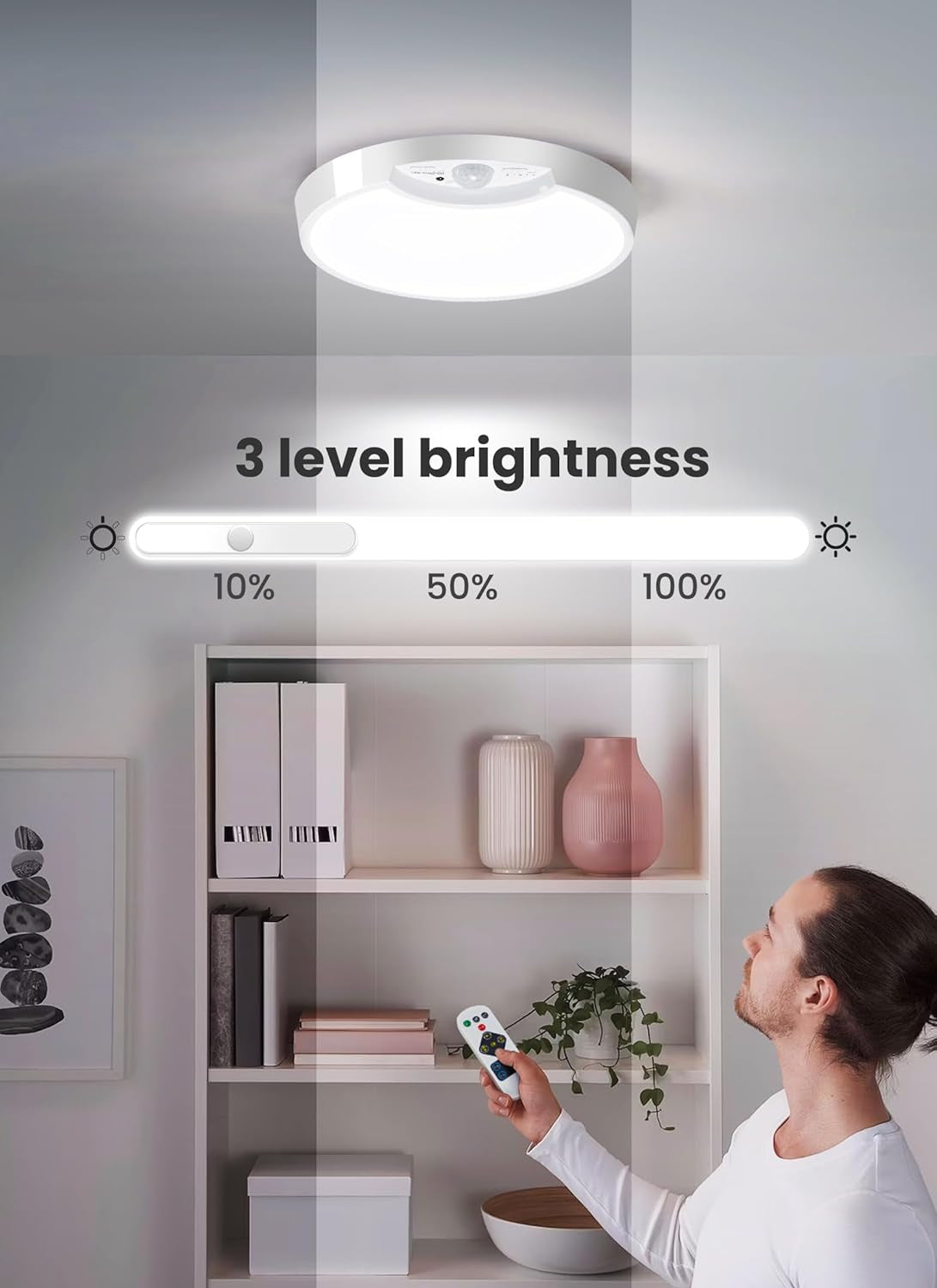 Ceiling light with remote control and 3-level brightness indicator in a room.