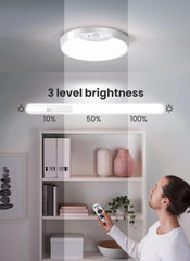 Ceiling light with remote control and 3-level brightness indicator in a room.