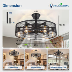 Chandelier with dimensions and installation guidance on a white background