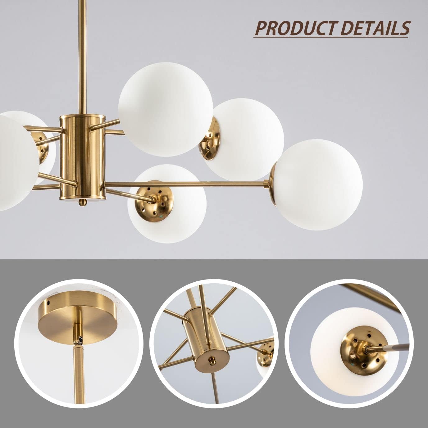 Chandelier with gold fixtures and white spherical lights on a gray background
