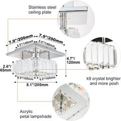 Chandelier with measurements and material details on a white background