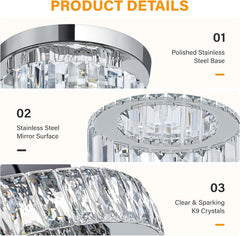 Chandelier with polished stainless steel base, stainless steel mirror surface, and clear sparkling K9 crystals.