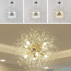 Chandelier with starburst design in three different views and in a room setting.