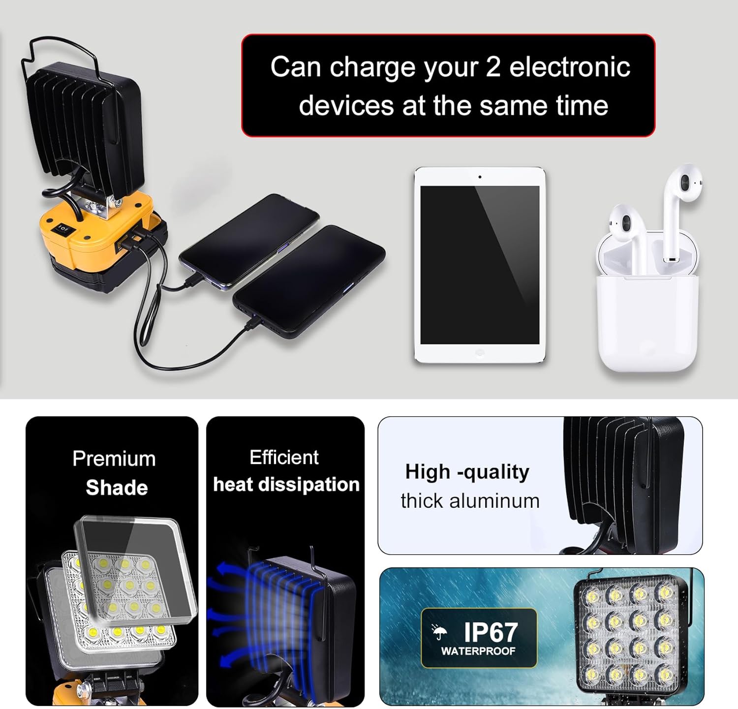 Charging station with multiple devices being charged, including a flashlight, two phones, a tablet, and earbuds.
