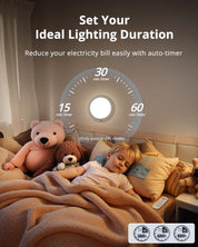 Child in bed with teddy bears, nightlight, and timer display on wall.