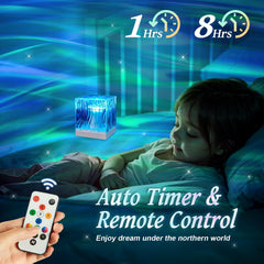 Child lying in bed with a glowing night light and remote control, featuring auto timer and remote control text.