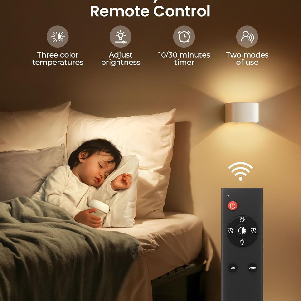 Child sleeping in bed with a wall-mounted light and remote control, highlighting features like button control and remote control.