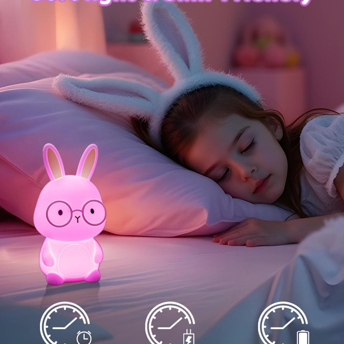 Child wearing bunny ears with a pink night light on a bed, labeled 'Soft light & Skin-Friendly'.