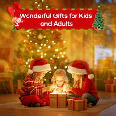 Children in Santa hats opening Christmas presents in front of a decorated tree with a red banner above them.