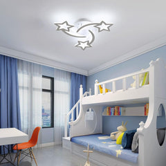 Children's bedroom with a bunk bed, desk, and decorative light fixture.