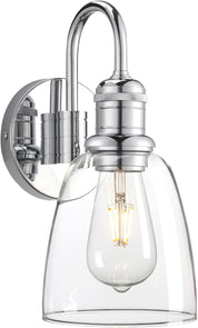 Chrome wall sconce with clear glass shade on a white background