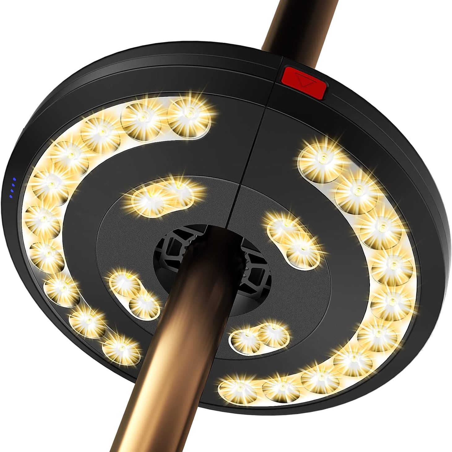 Close-up of a bicycle wheel with glowing lights on a white background