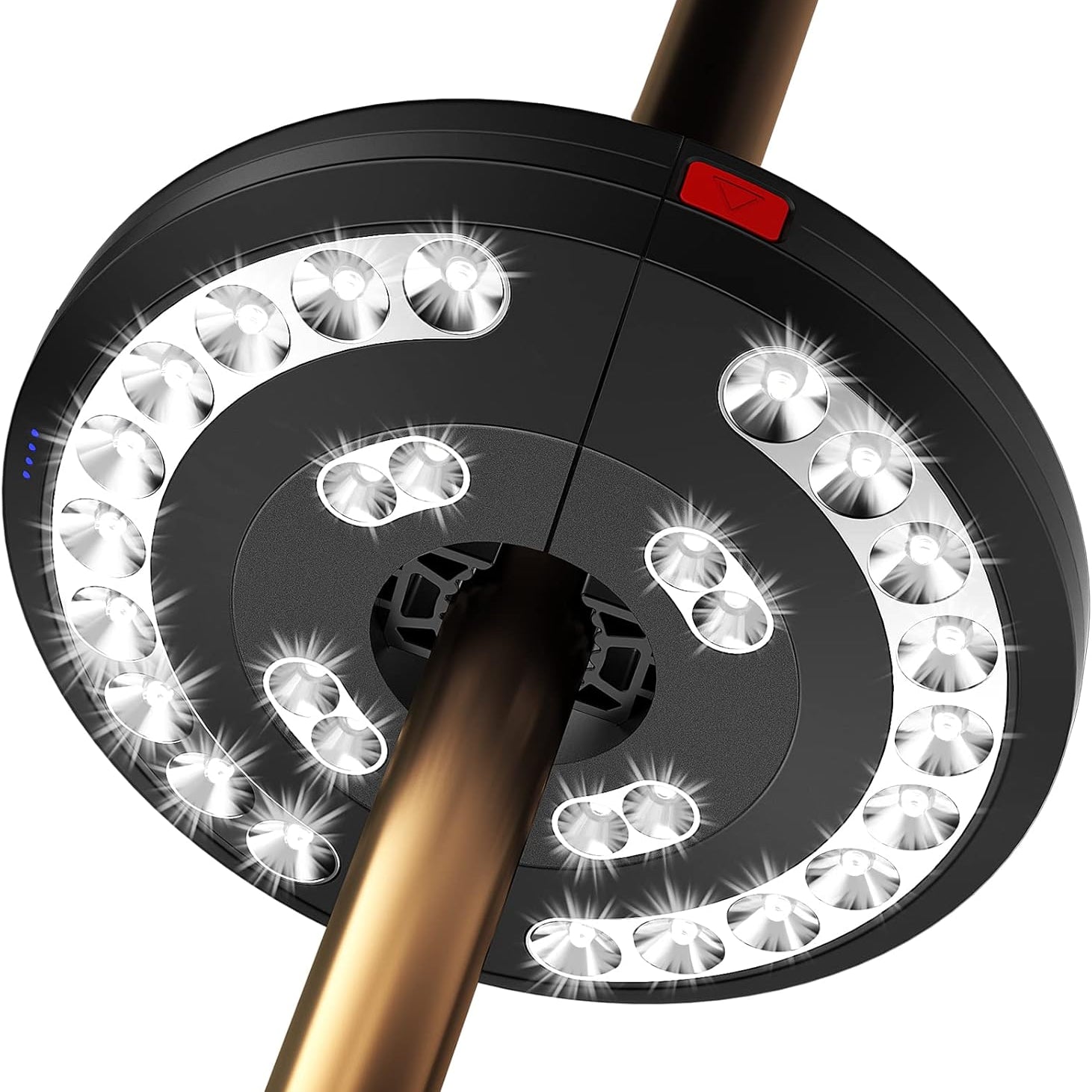 Close-up of a bicycle wheel with reflective studs on a white background