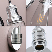 Close-up of a chrome light fixture with detailed views on a neutral background