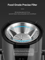 Close-up of a juicer filter with text highlighting features on a black background