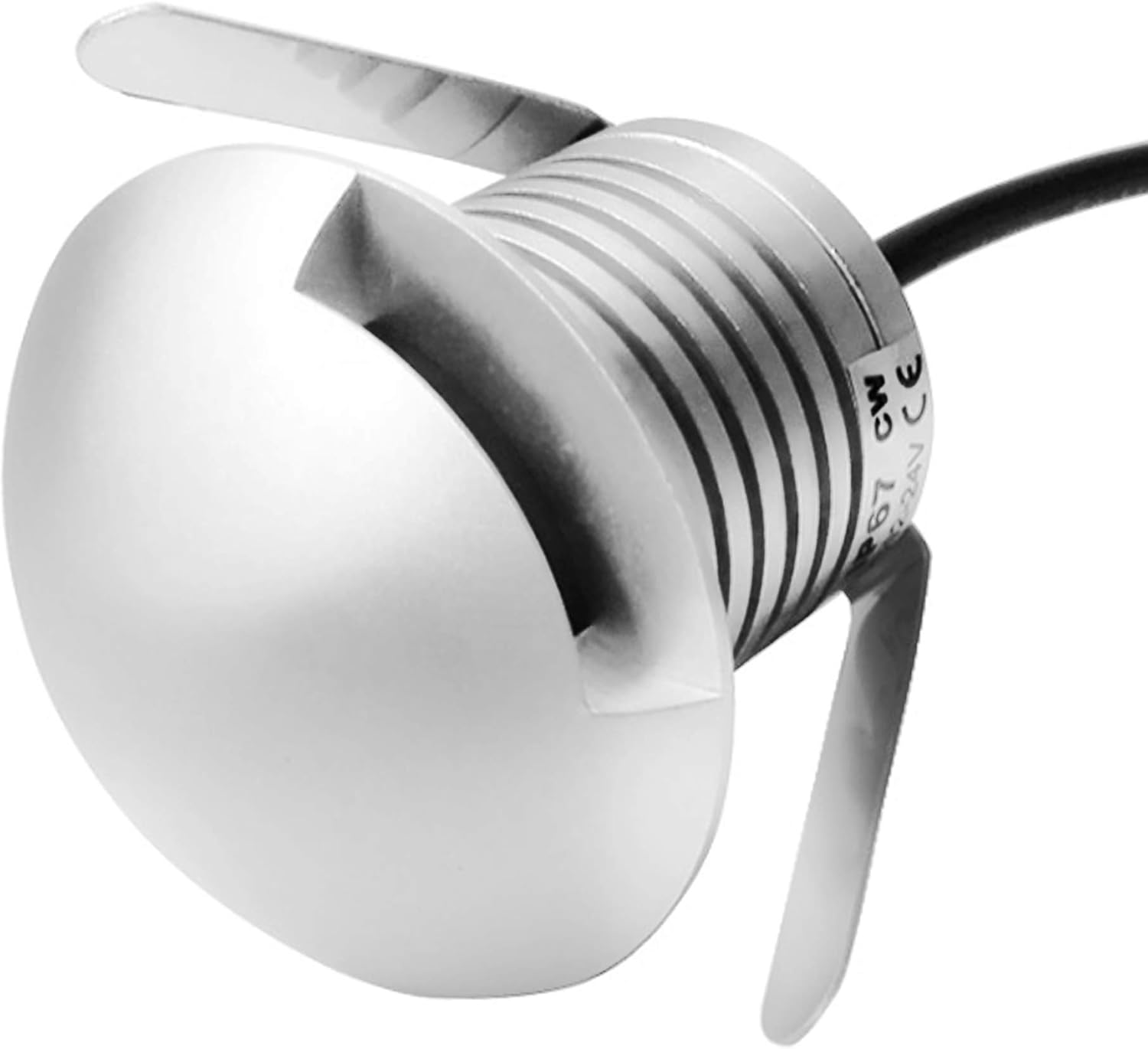 Close-up of a white light fixture with metallic accents on a white background