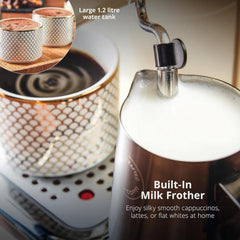 Coffee machine with milk frother attachment and text about its features.