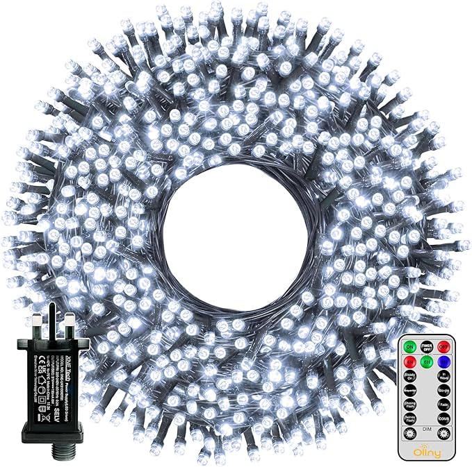 Coiled LED string light with remote control on a white background