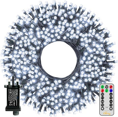 Coiled LED string light with remote control on a white background