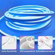 Coiled LED strip light with flexibility, water resistance, and cut resistance features on a blue background.