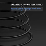 Coiled black cable on a dark background with text about cable durability.