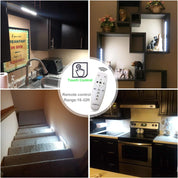 Collage of LED light fixtures in various settings with a remote control displayed.