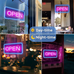 Collage of 'OPEN' signs in different settings during day and night.
