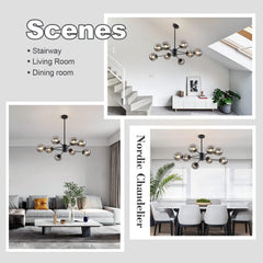Collage of a Nordic chandelier in different room settings with text labels.