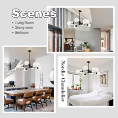 Collage of a Nordic chandelier in living room, dining room, and bedroom settings.