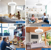 Collage of a bedroom, living room, dining room, and porch with people and pets.