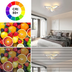 Collage of a bedroom with lighting fixture, colorful fruit, and color temperature chart.