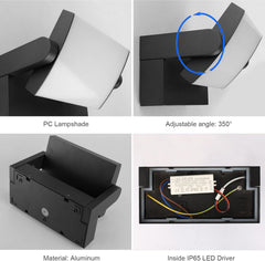 Collage of a black outdoor wall light fixture with features highlighted.