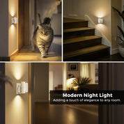 Collage of a cat in a home setting with modern night lights on walls and stairs.