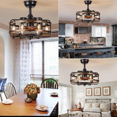 Collage of a ceiling fan in various settings including a dining room, kitchen, and bedroom.