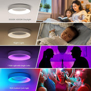 Collage of a ceiling light with different color temperatures and settings, used in various scenarios.