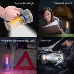 Collage of a flashlight being used as a flood light, camping lantern, red/blue strobe emergency light, and work light.