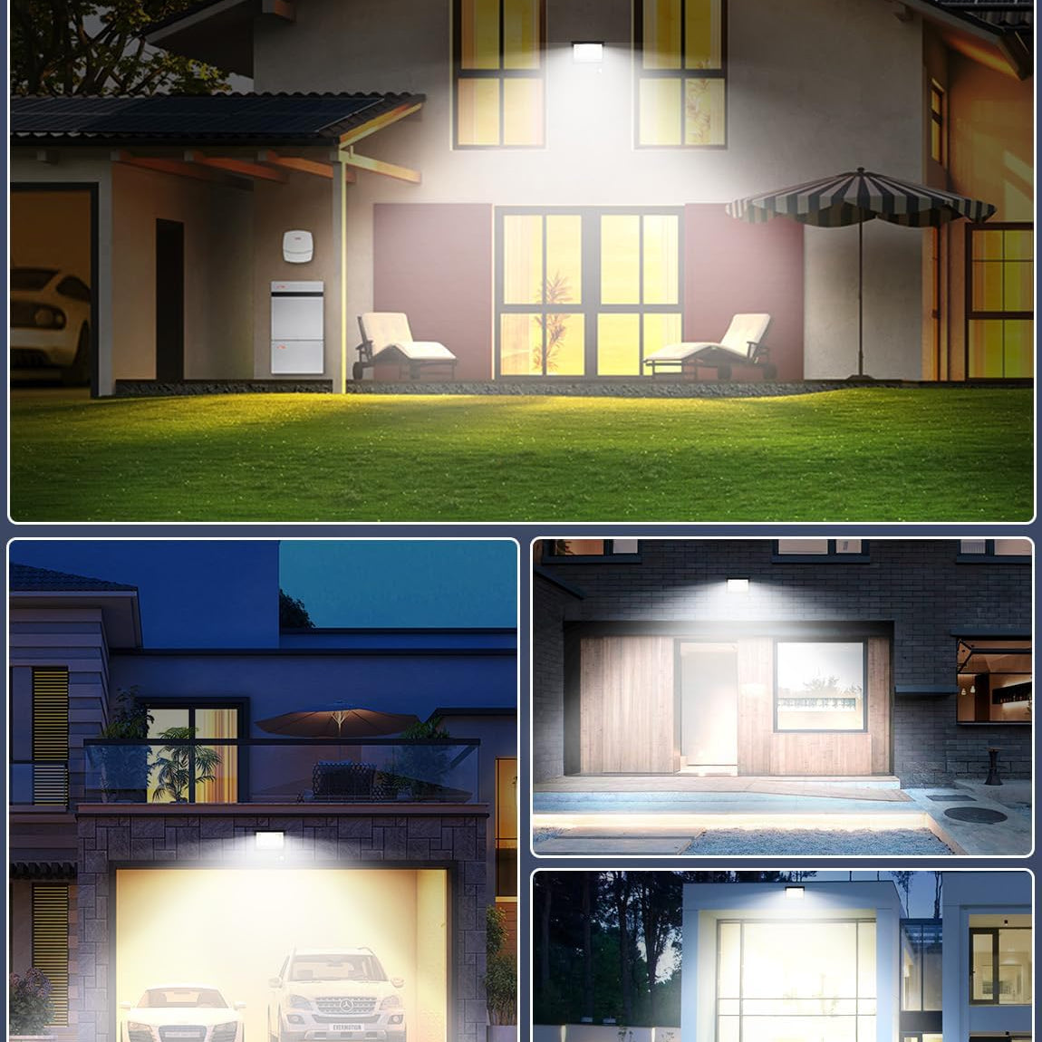 Collage of a house exterior with a light fixture illuminating different parts of the property.