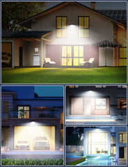 Collage of a house exterior with outdoor lighting fixtures illuminating different parts of the property.
