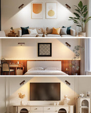 Collage of a modern bedroom with lighting fixtures, decor, and furniture.