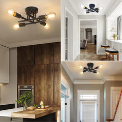 Collage of a modern ceiling light fixture in various indoor settings.