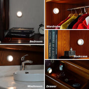 Collage of a night light in various locations including bedroom, wardrobe, bookcase, washroom, and drawer.