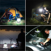 Collage of a person using a camping lantern in various settings including outdoors, near a tent, by a lake, and under a car.