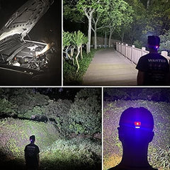 Collage of a person using a headlamp in various settings, including under a car hood and on a path.