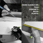 Collage of a person using a marker on various surfaces with text indicating suitability for different materials.